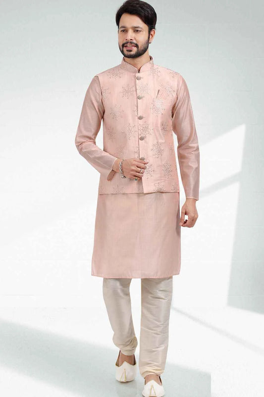 Art Silk Mens Nehru Jacket in Peach (NMK-6474)