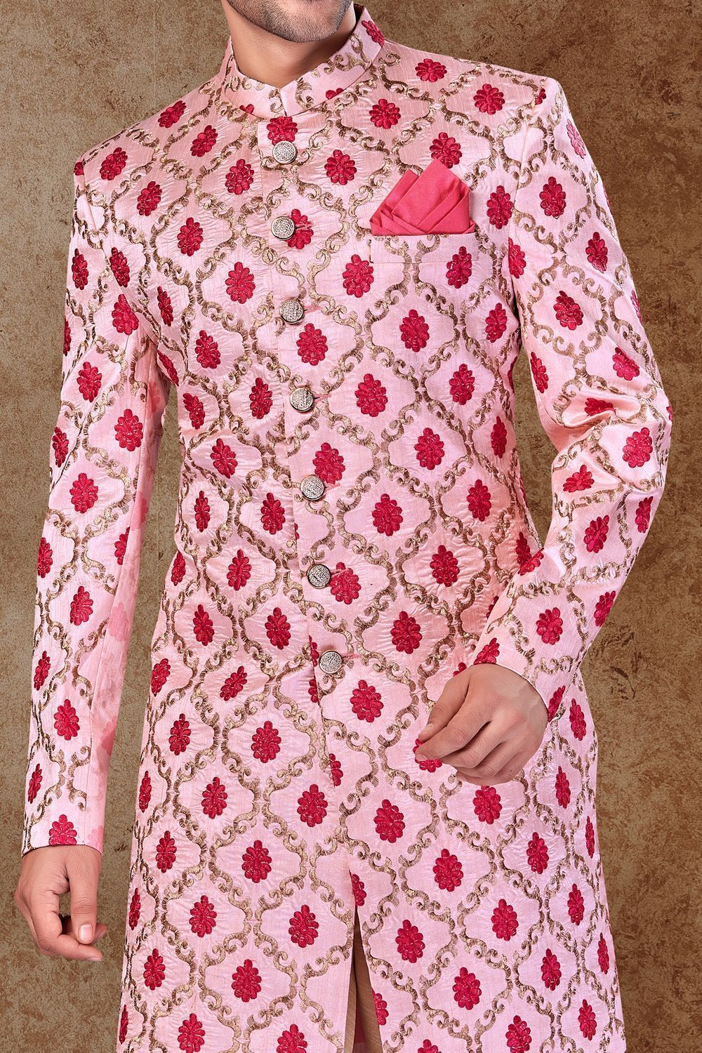 Baby Pink Art Silk Mens Sherwani (NMK-6755) - Nihal Fashions