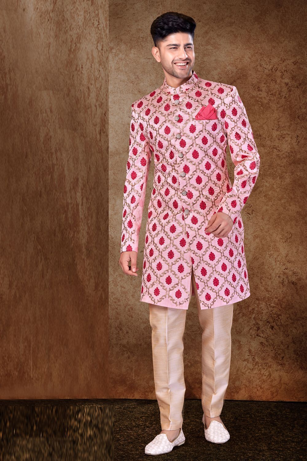 Baby Pink Art Silk Mens Sherwani (NMK-6755) - Nihal Fashions