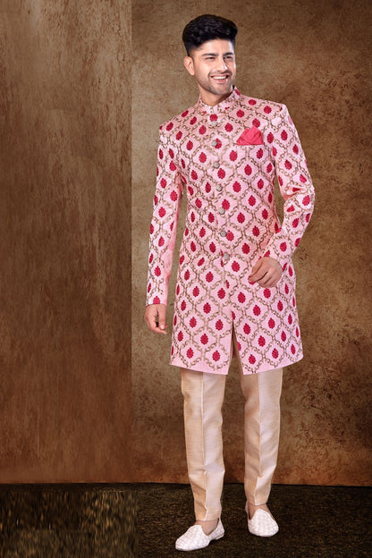 Baby Pink Art Silk Mens Sherwani (NMK-6755) - Nihal Fashions
