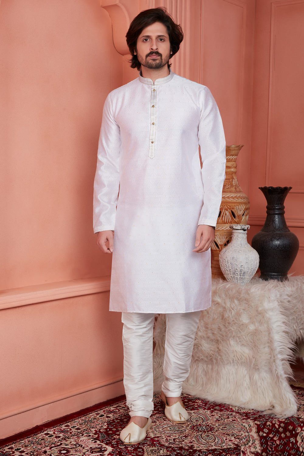 Baby Pink Jaquard Silk Brocade Kurta Pajama (NMK-8163) - Nihal Fashions