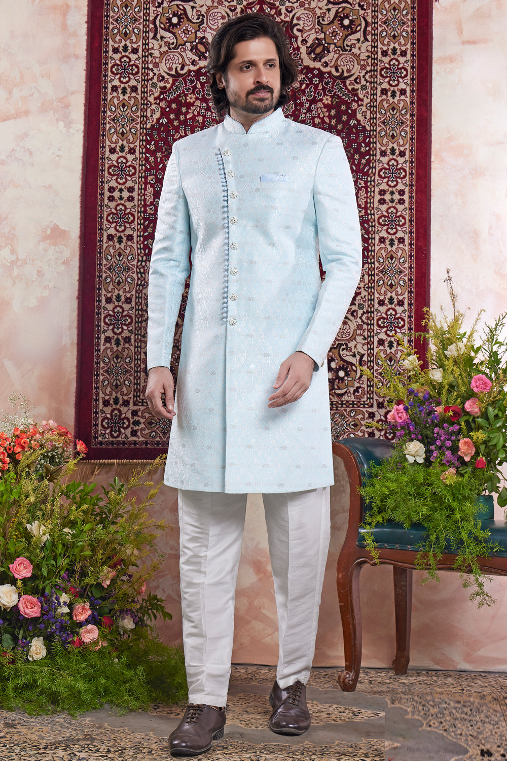 Banarasi Jaquard Indo Western in Blue (NMK-8558) - Nihal Fashions