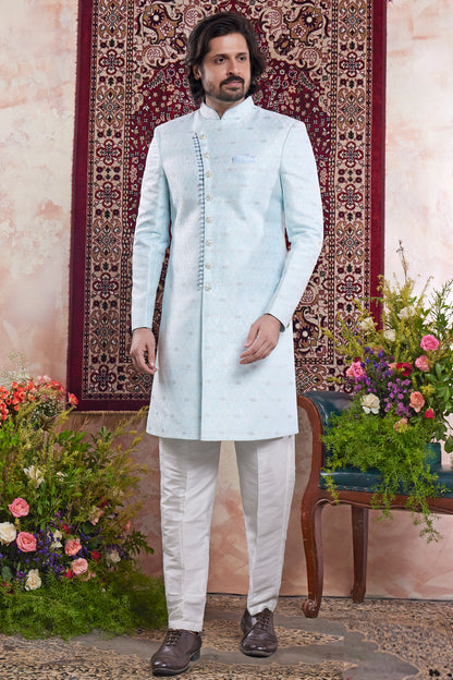 Banarasi Jaquard Indo Western in Blue (NMK-8558) - Nihal Fashions