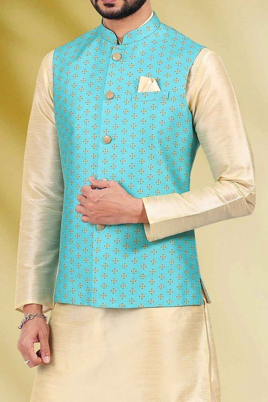 Banarasi Silk Blue Nehru Jacket for Men (NMK-6459)