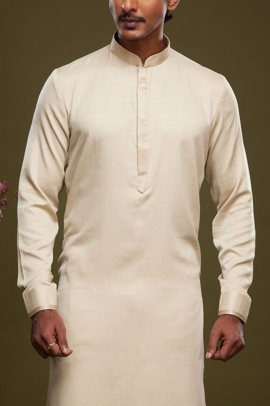 Beige Art Banarasi Silk Mens Kurta Pajama (NMK-7076) - Nihal Fashions