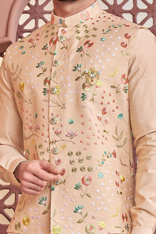 Beige Art Banarasi Silk Nehru Jacket (NMK-7347) - Nihal Fashions