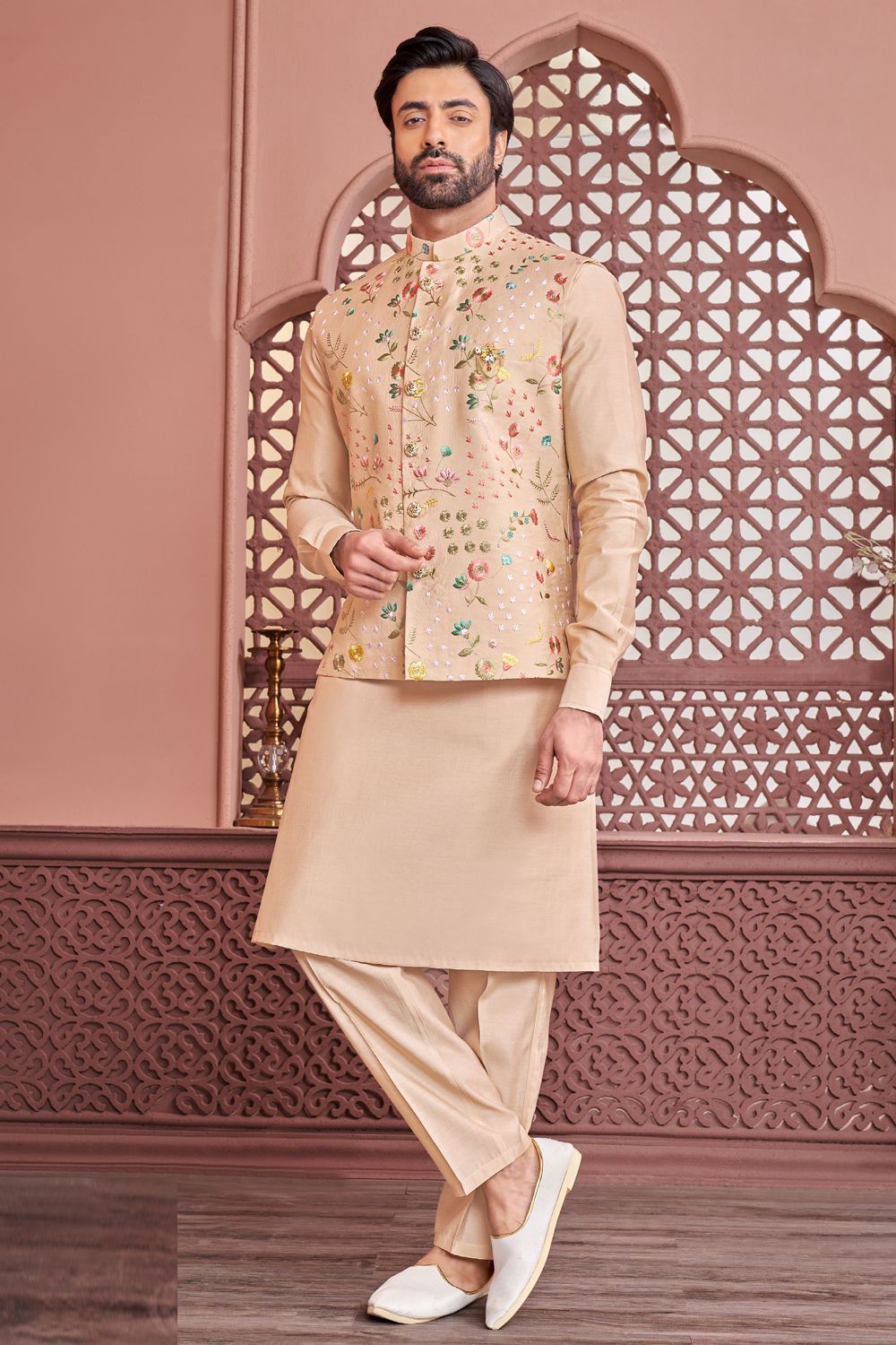 Beige Art Banarasi Silk Nehru Jacket (NMK-7347) - Nihal Fashions