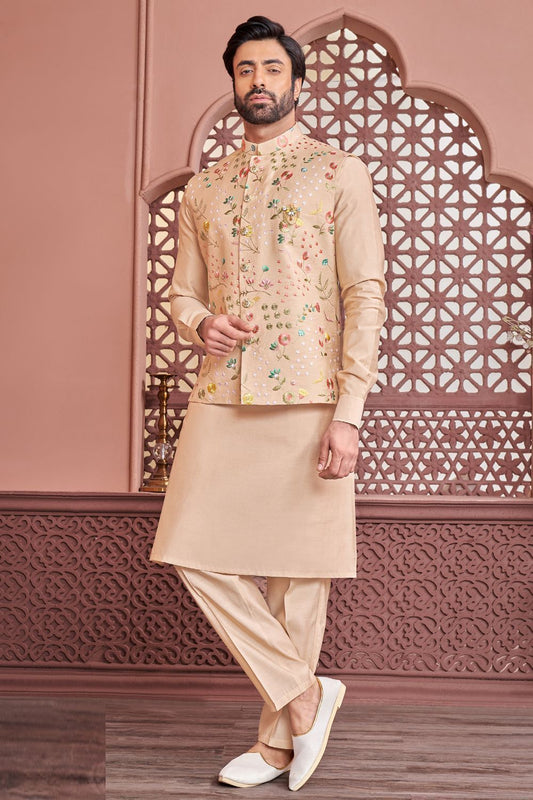 Beige Art Banarasi Silk Nehru Jacket (NMK-7347) - Nihal Fashions