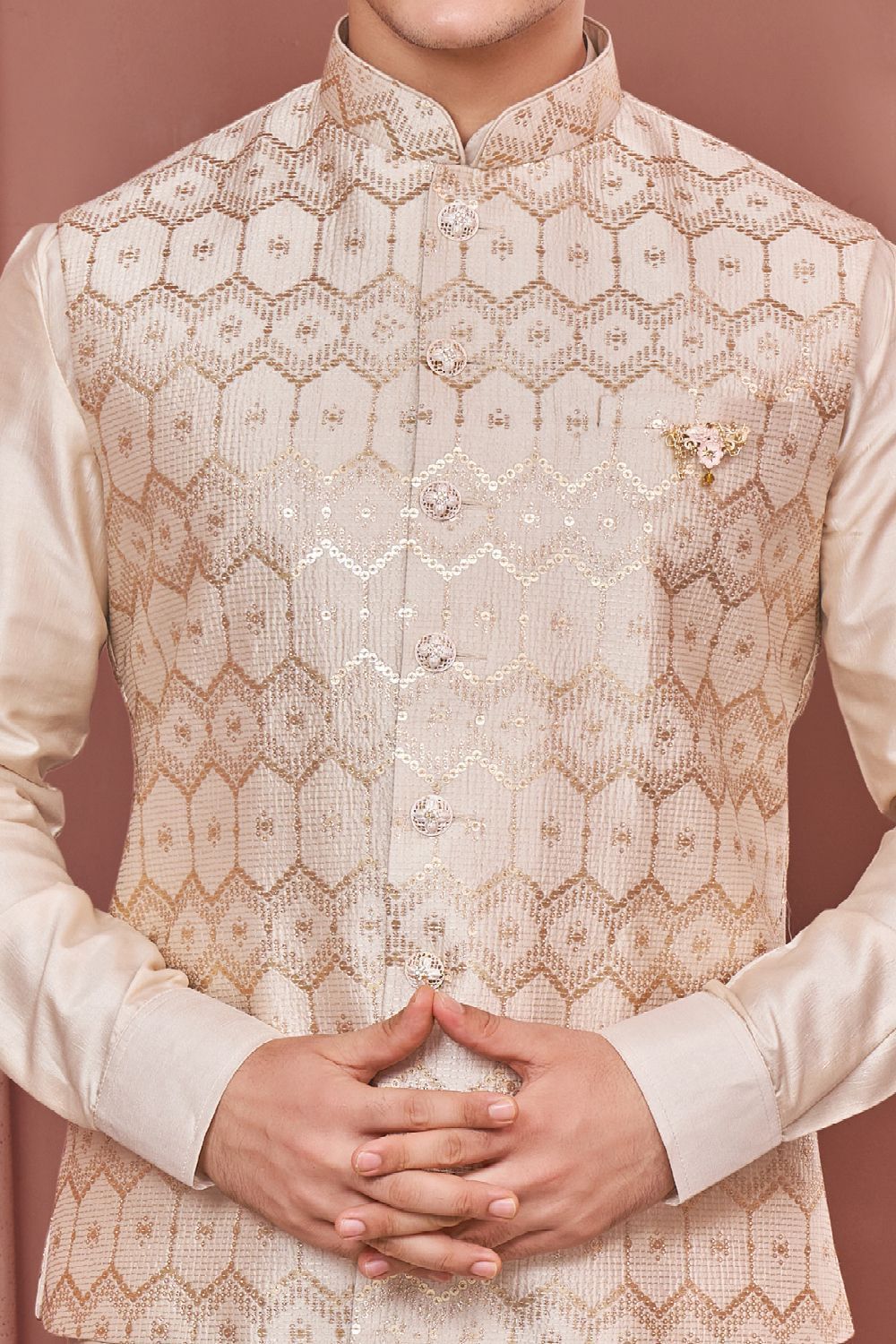Beige Art Banarasi Silk Nehru Jacket (NMK-7402) - Nihal Fashions
