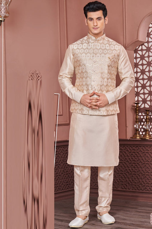 Beige Art Banarasi Silk Nehru Jacket (NMK-7402) - Nihal Fashions