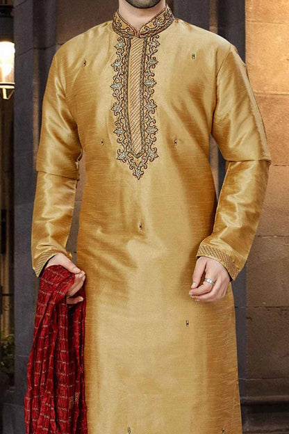 Beige Art Dupion Designer Kurta Pajama (NMK-3785)