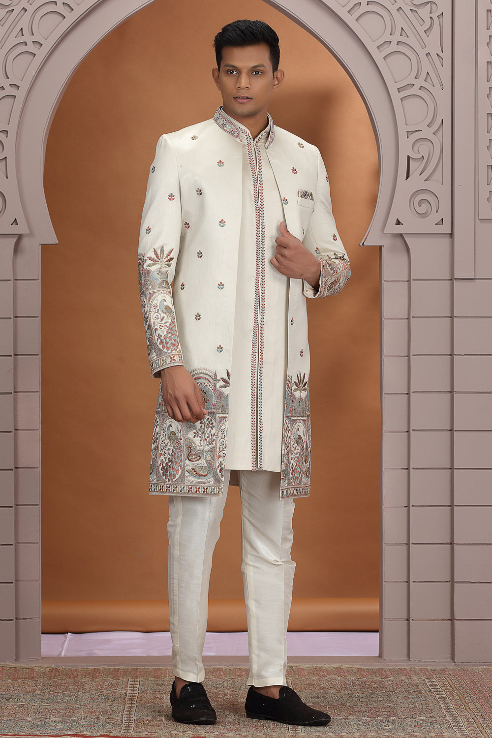 Beige Art Silk 3 piece Indo Western (NMK-8627) - Nihal Fashions