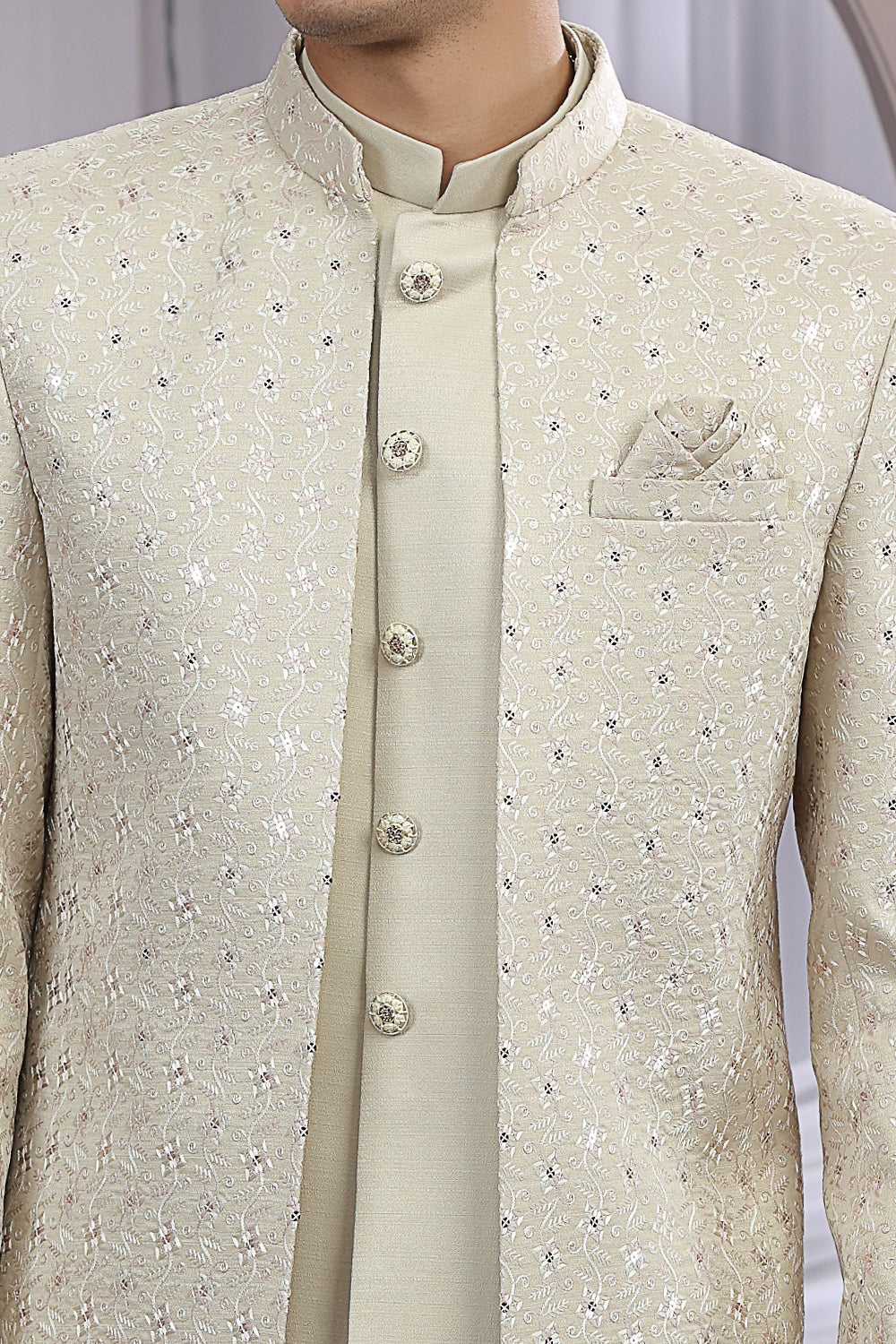 Beige Art Silk 3 piece Jacket Jodhpuri (NMK-8670) - Nihal Fashions