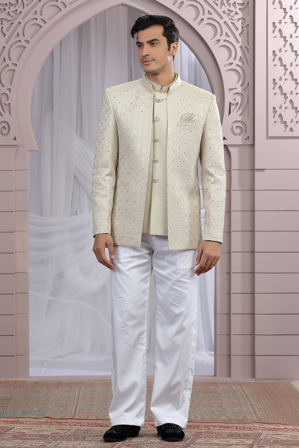Beige Art Silk 3 piece Jacket Jodhpuri (NMK-8670) - Nihal Fashions