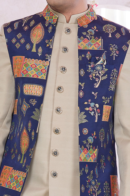 Beige Art Silk 3 piece Jacket Set (NMK-8409) - Nihal Fashions