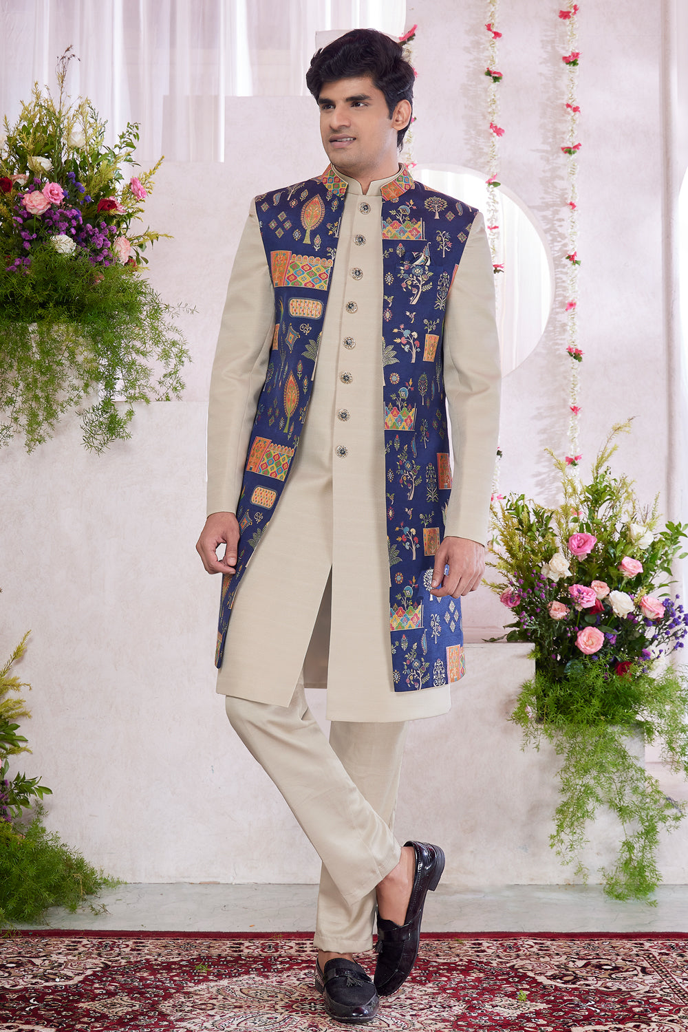 Beige Art Silk 3 piece Jacket Set (NMK-8409) - Nihal Fashions