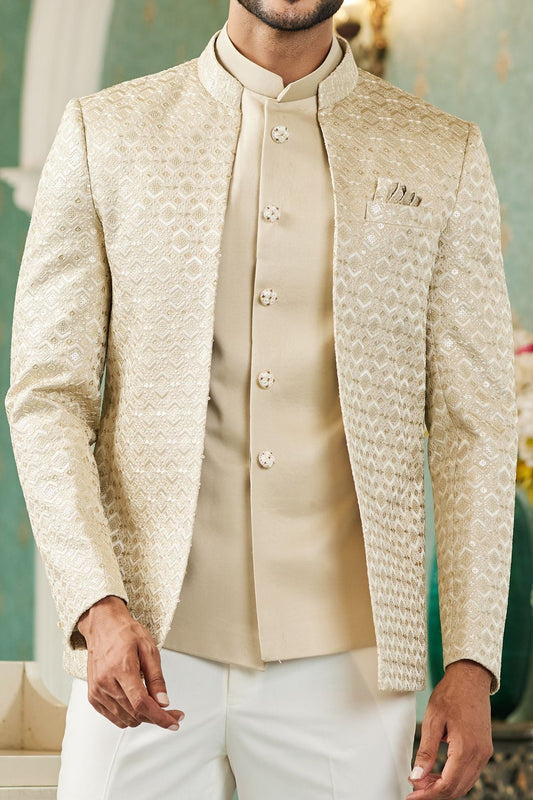 Beige Art Silk Embroidered Indo Western (NMK-7127) - Nihal Fashions