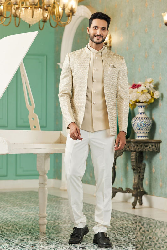 Beige Art Silk Embroidered Indo Western (NMK-7127) - Nihal Fashions