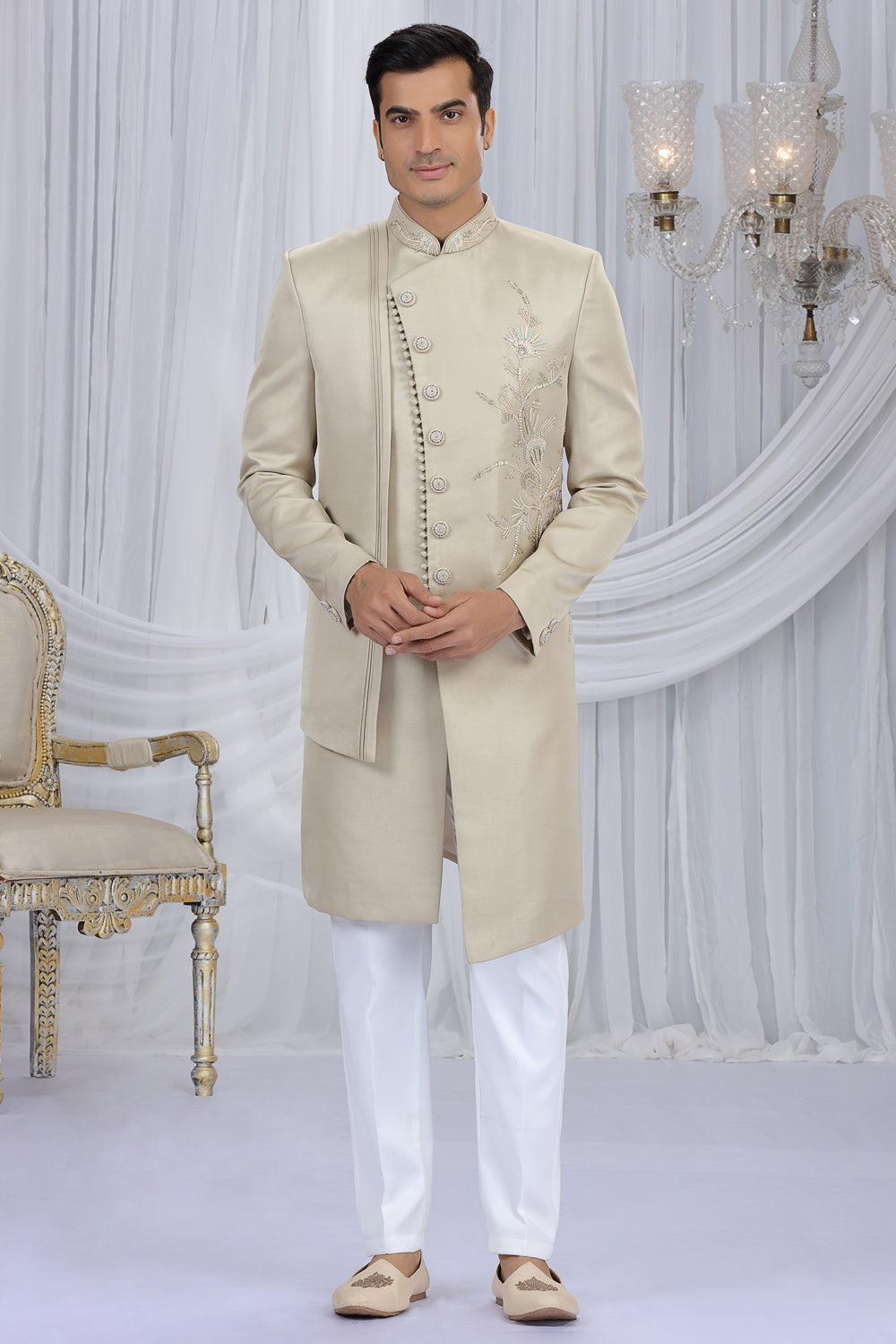 Beige Art Silk Indo Western For Men (NMK-8679) - Nihal Fashions