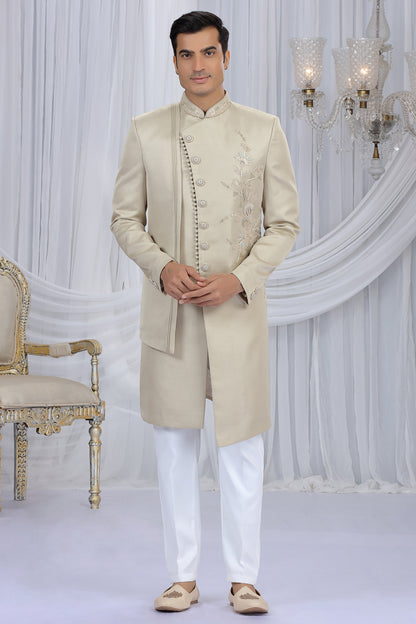 Beige Art Silk Indo Western For Men (NMK-8679) - Nihal Fashions