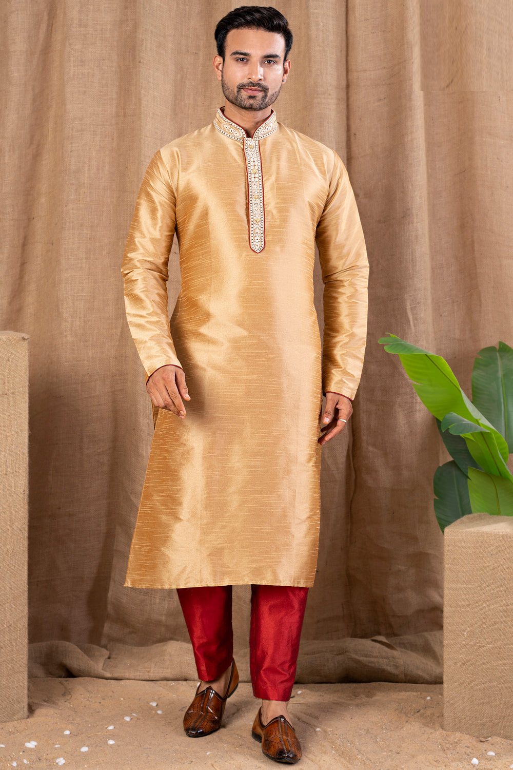 Beige Art Silk Kurta Pajama (NMK-8512) - Nihal Fashions