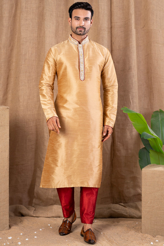 Beige Art Silk Kurta Pajama (NMK-8512) - Nihal Fashions