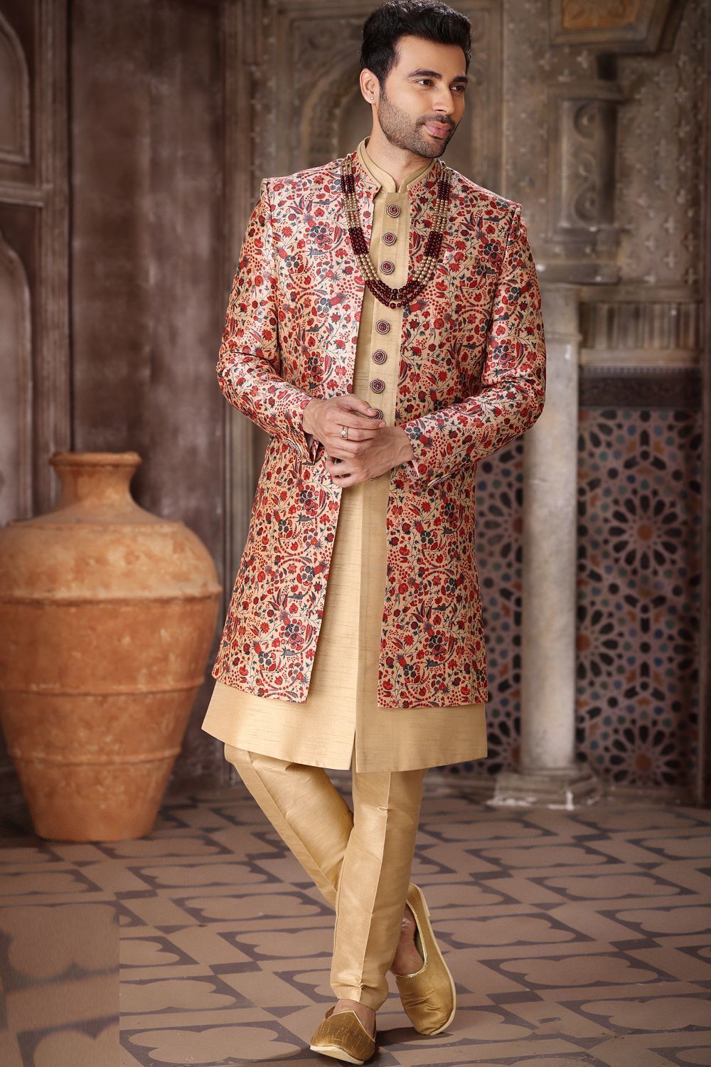 Beige Art Silk Mens Indo Western (NMK-6850) - Nihal Fashions