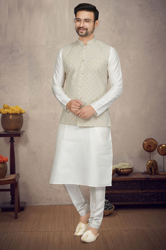 Beige Art Silk Mens Nehru Jacket (NMK-6963) - Nihal Fashions