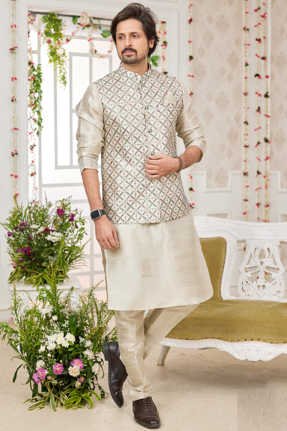 Beige Art Silk Mens Nehru Jacket (NMK-7976) - Nihal Fashions
