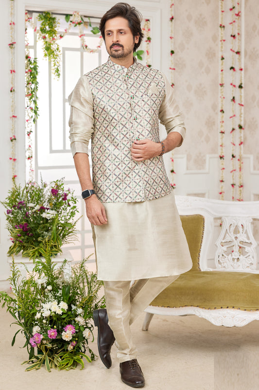 Beige Art Silk Mens Nehru Jacket (NMK-7976) - Nihal Fashions