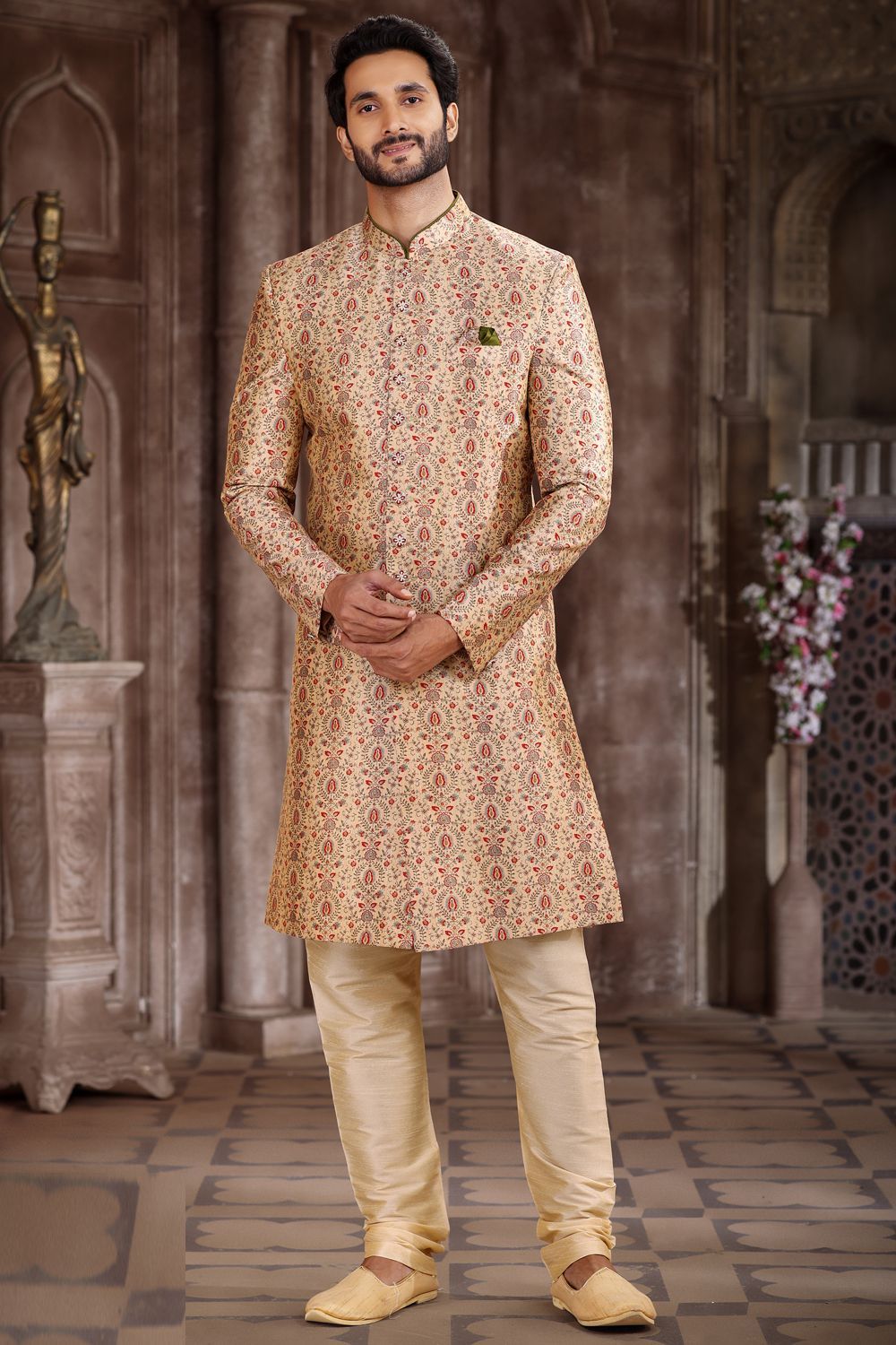 Beige Art Silk Mens Sherwani (NMK-6868) - Nihal Fashions