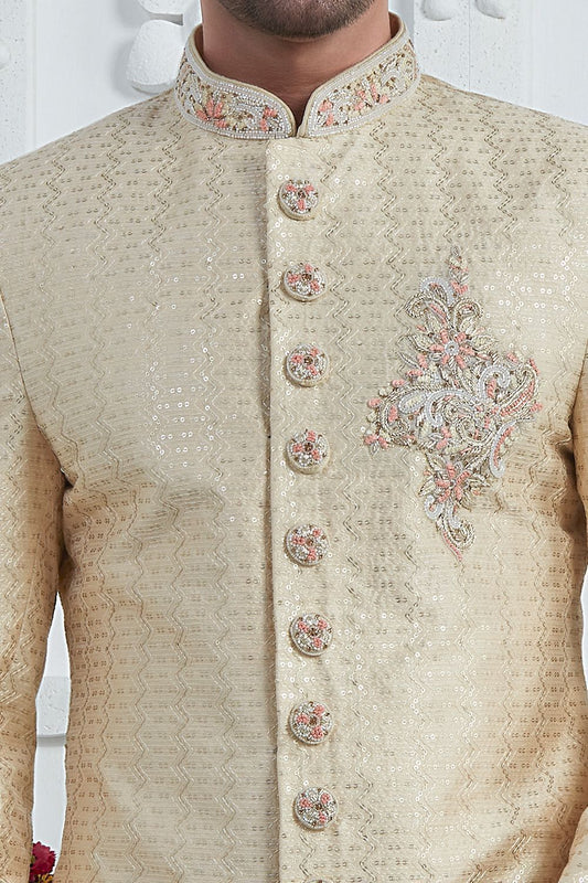 Beige Art Silk Mens Sherwani (NMK-7710) - Nihal Fashions