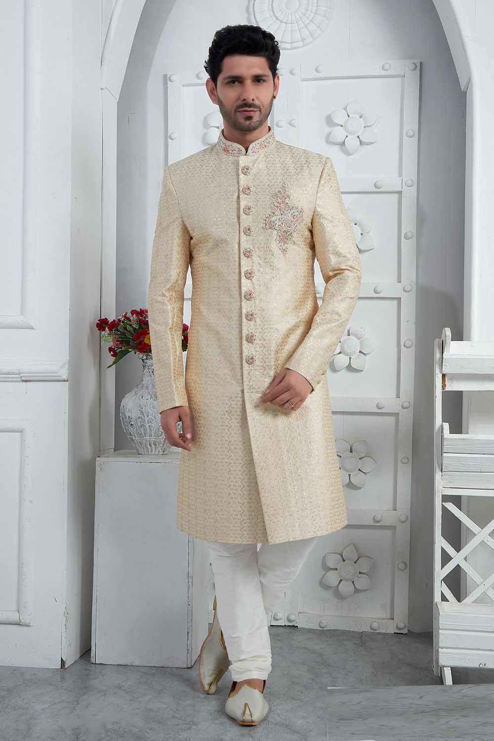 Beige Art Silk Mens Sherwani (NMK-7710) - Nihal Fashions