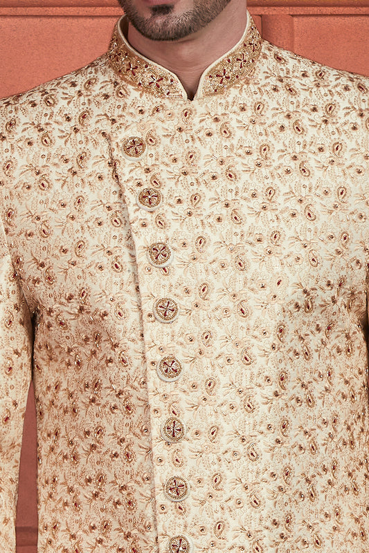 Beige Art Silk Mens Sherwani (NMK-7898) - Nihal Fashions