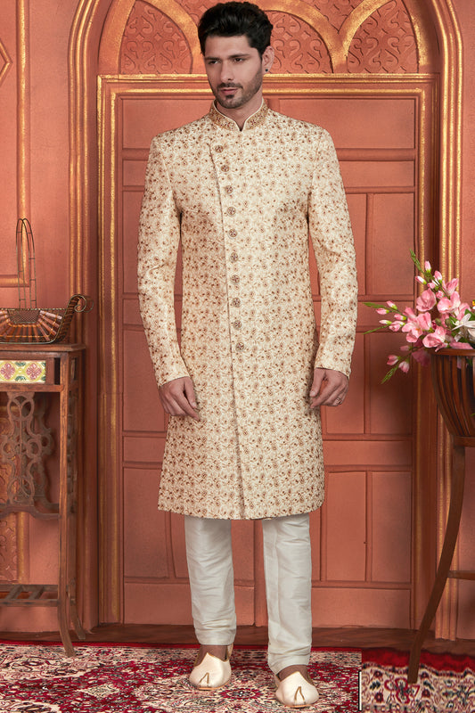 Beige Art Silk Mens Sherwani (NMK-7898) - Nihal Fashions