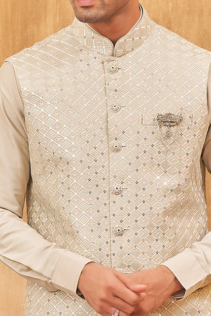 Beige Art Silk Nehru Jacket (NMK-8050) - Nihal Fashions