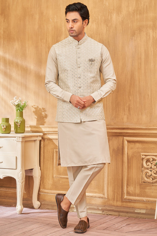 Beige Art Silk Nehru Jacket (NMK-8050) - Nihal Fashions