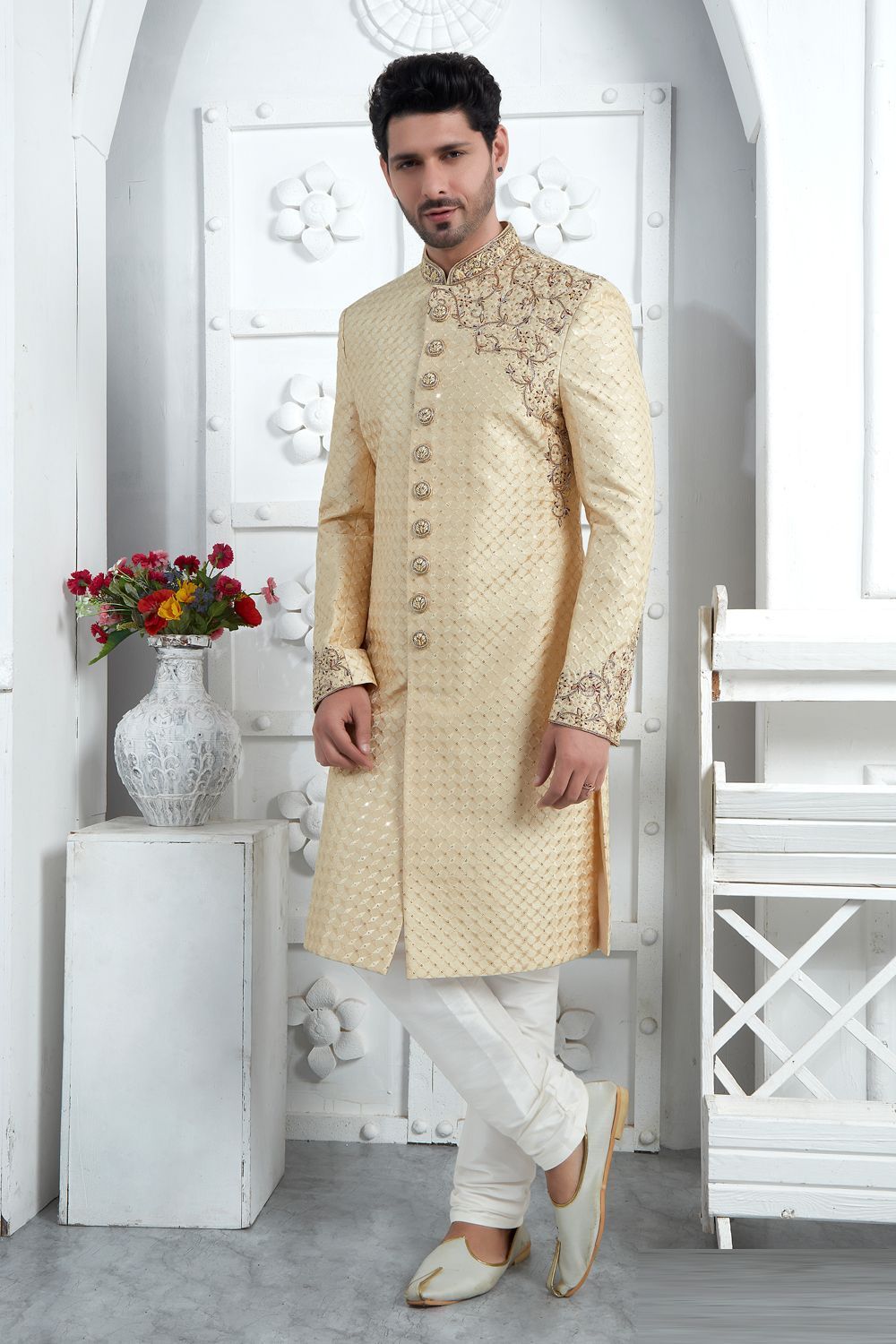 Beige Art Silk Sherwani (NMK-7707) - Nihal Fashions
