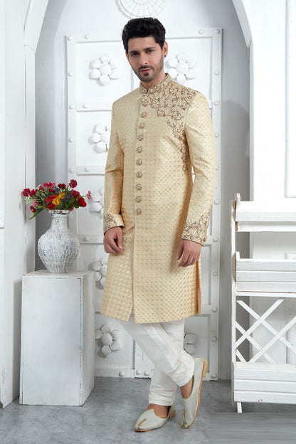 Beige Art Silk Sherwani (NMK-7707) - Nihal Fashions