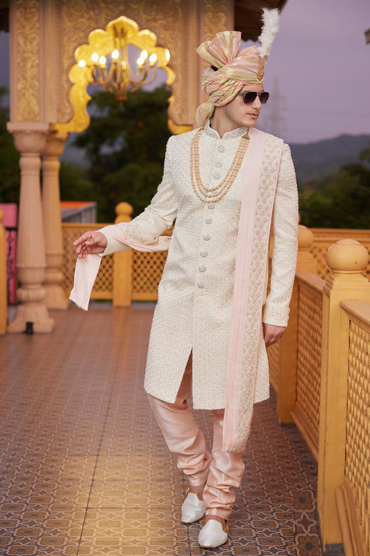 Beige Art Silk Sherwani (NMK-8193) - Nihal Fashions