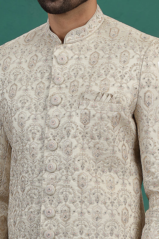 Beige Art Silk Wedding Sherwani (NMK-8606) - Nihal Fashions