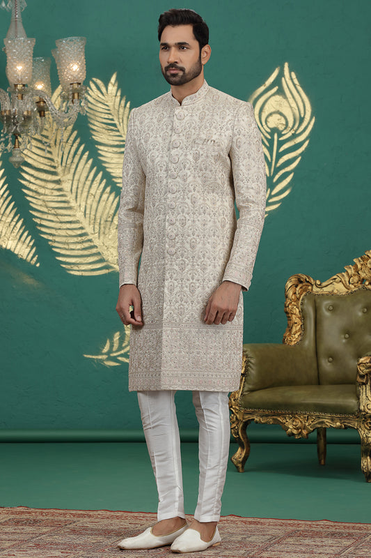 Beige Art Silk Wedding Sherwani (NMK-8606) - Nihal Fashions