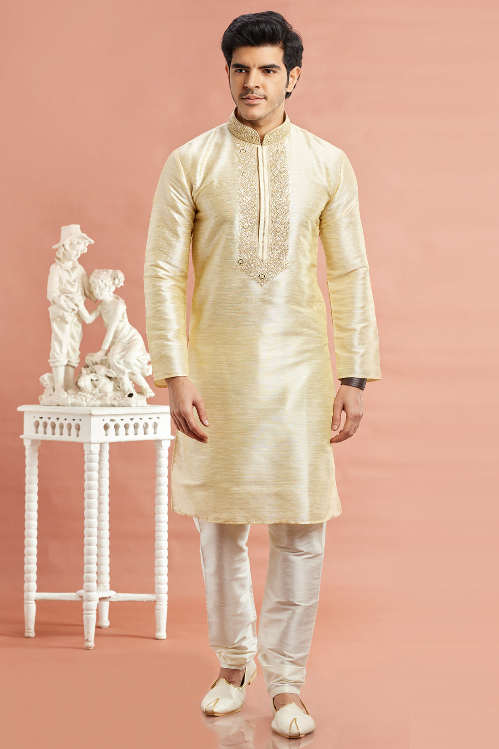 Beige Banarasi Art Silk Kurta Pajama (NMK-7930) - Nihal Fashions