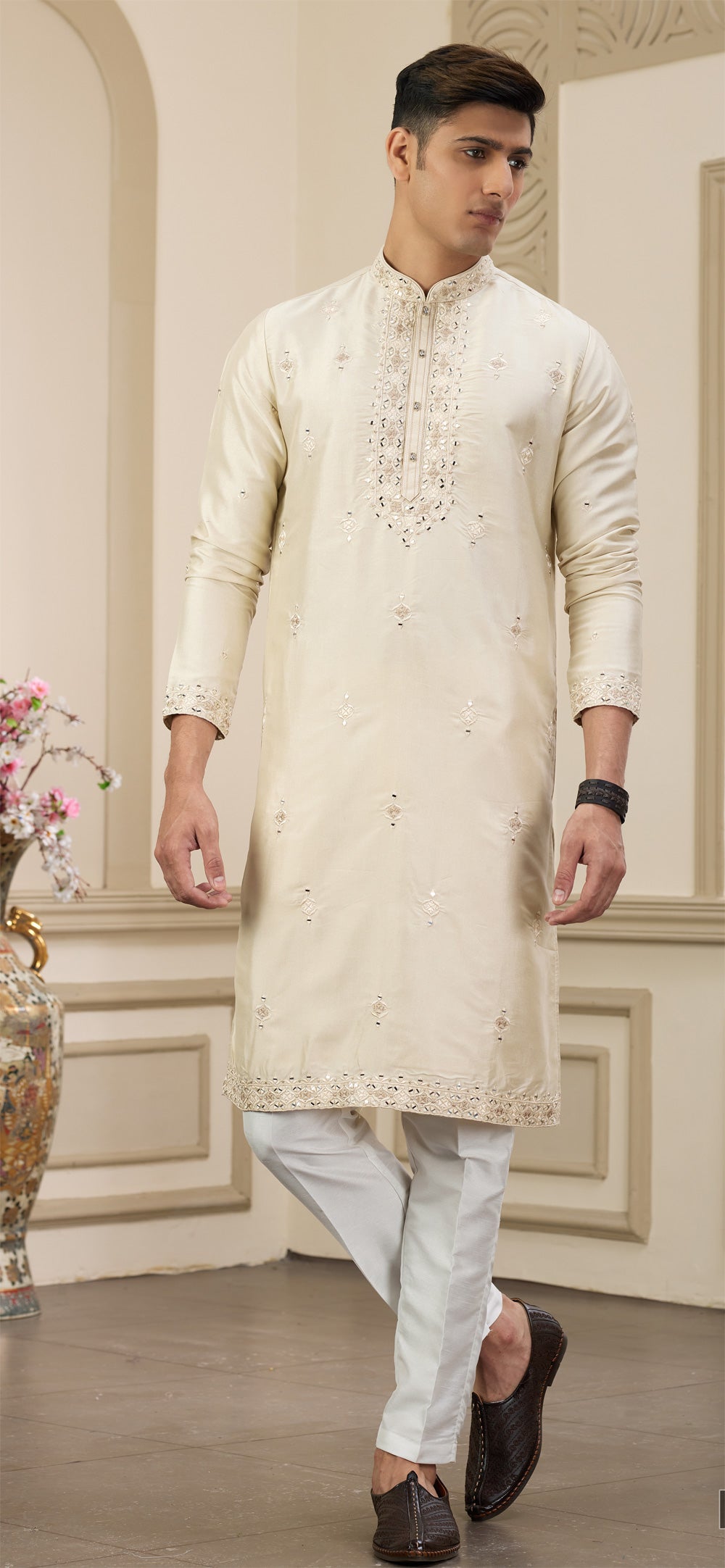 Beige Banarasi Art Silk Kurta Pajama (NMK-8387) - Nihal Fashions