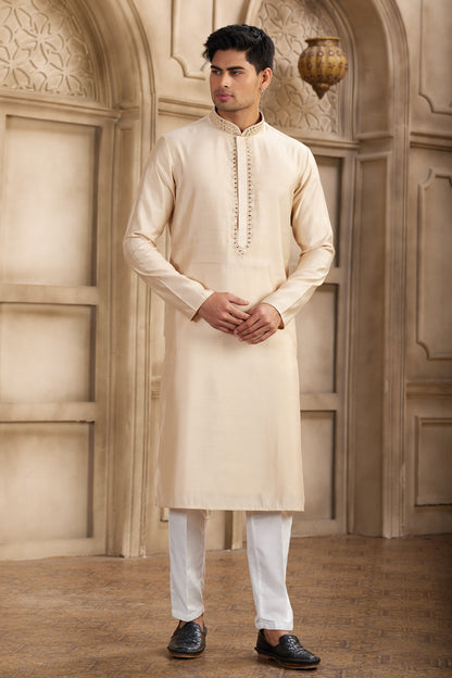 Beige Banarasi Art Silk Kurta Pajama (NMK-8479) - Nihal Fashions