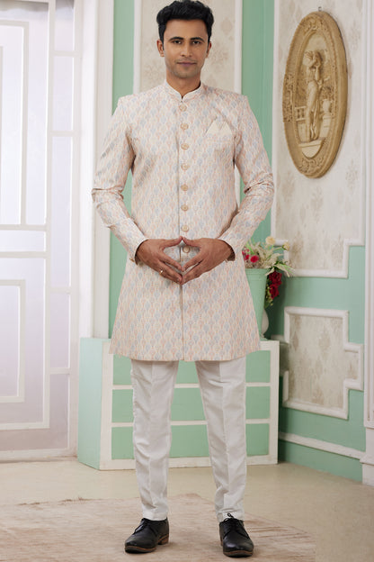Beige Banarasi Jaquard Indo Western (NMK-8587) - Nihal Fashions