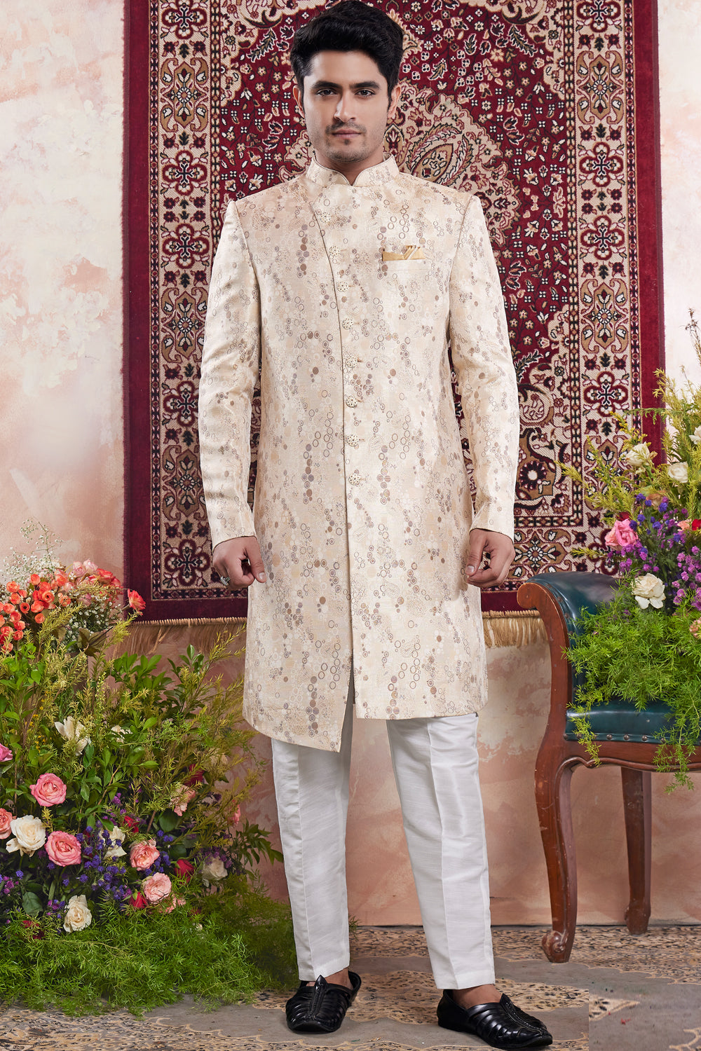Beige Banarasi Jaquard Mens Indo Western (NMK-8550) - Nihal Fashions