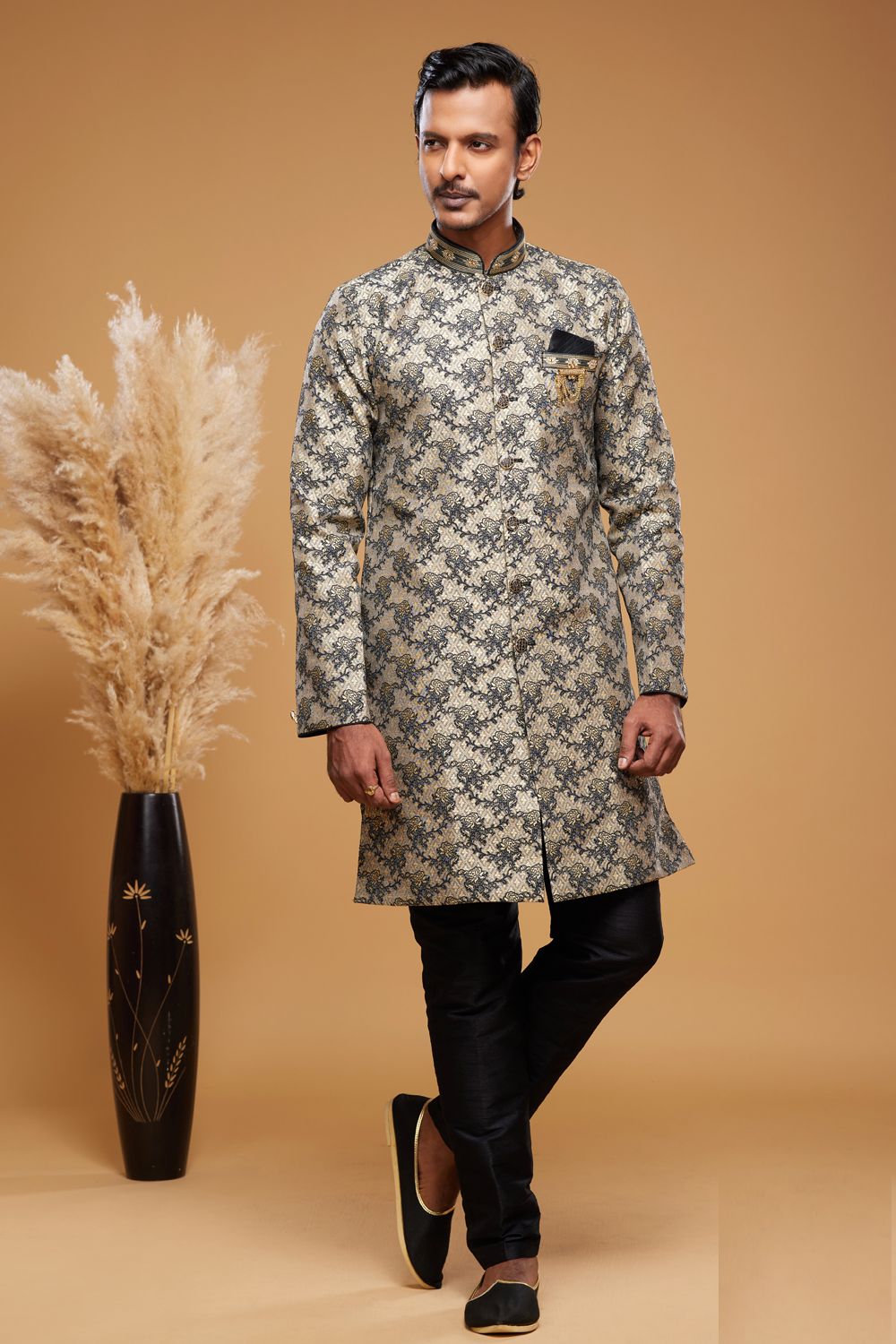 Beige Black Banarasi Jaquard Indo Western (NMK-7036) - Nihal Fashions