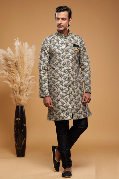 Beige Black Banarasi Jaquard Indo Western (NMK-7036) - Nihal Fashions