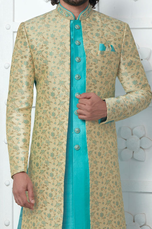 Beige Blue Jaquard Silk Indo Western (NMK-7184) - Nihal Fashions